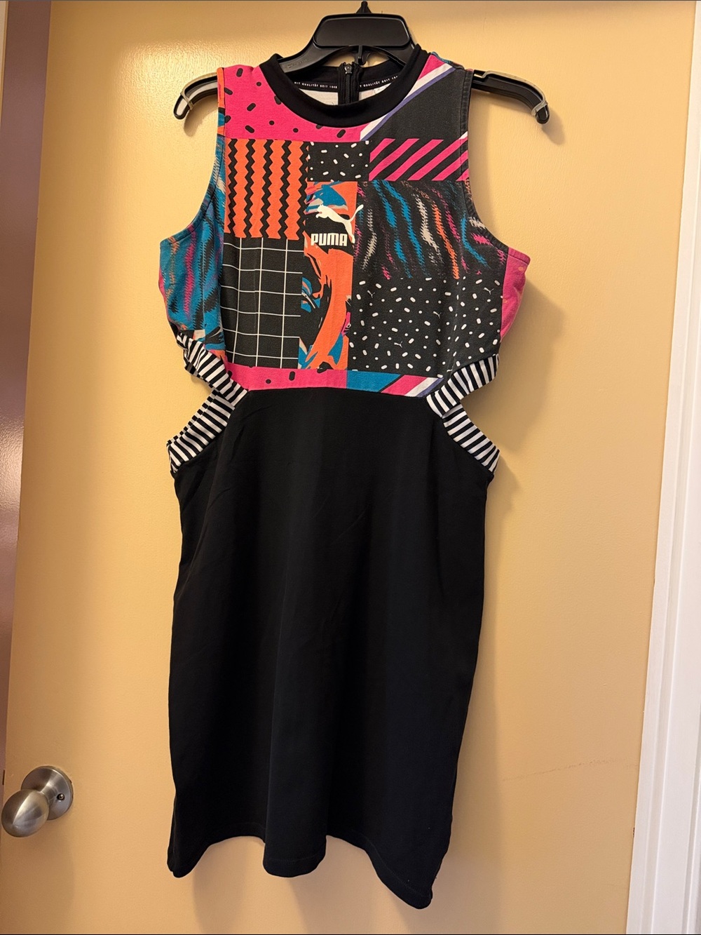 PUMA Clash AOP Black Cutout Dress With 90s Style Colorful Patchwork Bodice